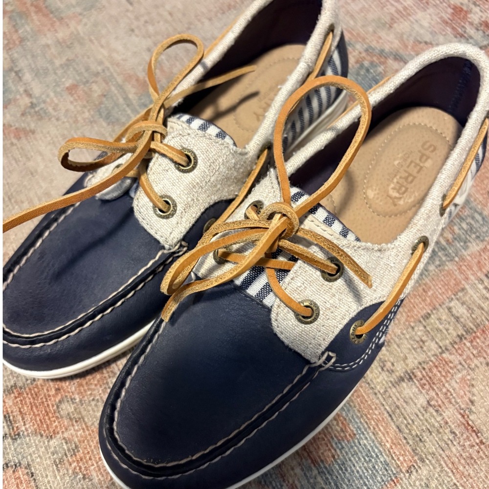 NWT Sperry Top-Sider Women's Boat Shoes Navy Blue Leather Striped Canvas | 6M